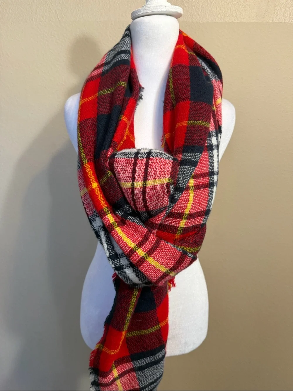 Oversized Red Plaid Blanket Scarf 76x38